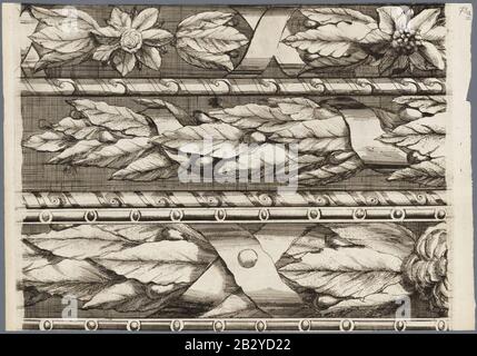 Gedeelte van de sierrand om de kaart van Haarlem porta Romeyn de Hooghe met de voorstelling van bloem- en bladmotieven afbeelding porta Romeyn de Hooghe. - Haarlem s.n, 1689. - 1 p, Foto Stock