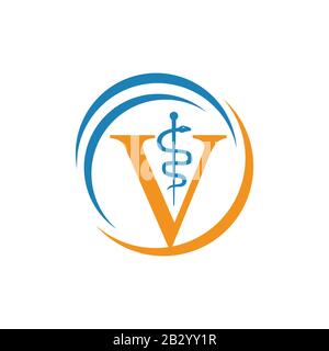 Caduceus combinato con la lettera V per il disegno del logo vettoriale della clinica veterinaria Illustrazione Vettoriale