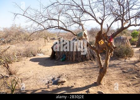 Capanna del villaggio della popolazione Hazda, Tanzania Africa. Il lago Eyasi area Foto Stock