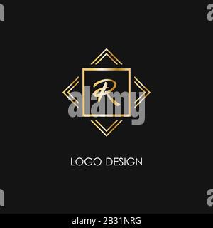 Logo Premium Style R. Simbolo oro su sfondo nero. Segno e linee di monogramma art deco di lusso Illustrazione Vettoriale