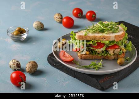 Panino con pollo, pomodori ciliegini, uova di quaglia e microgens su sfondo azzurro, Copy space Foto Stock