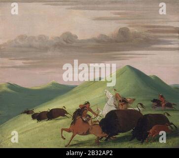 George Catlin - Buffalo Chase, Bull Proteggere Un Cow E Calf Foto Stock