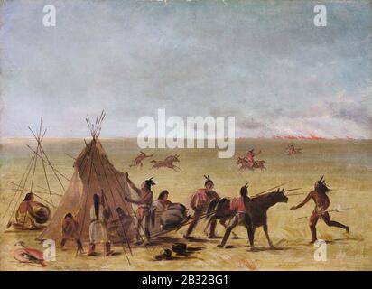 George Catlin - Famiglia indiana Allarmato per L'Approccio di un fuoco di prateria Foto Stock