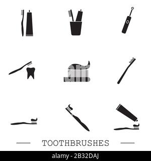 Set di icone per spazzolino da denti. Pulizia dei denti. Spazzolini elettrici o convenzionali. Icona nera con tratto modificabile. Raccolta di icone. ic per spazzolino dentale Illustrazione Vettoriale