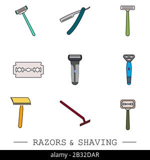 Set di icone a colori per il vettore di rasoio. Raccolta di 9 icone per il profilo del rasoio. Icone per il rasoio modificabili per il Web e il cellulare. Rasatura. Rasoio a lama semplice Illustrazione Vettoriale