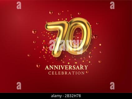 70th anniversario celebrazione. Numero sotto forma di palloncini d'oro. Numeri d'oro 3d realistici e confetti scintillanti, luccicanti. Modello orizzontale Illustrazione Vettoriale