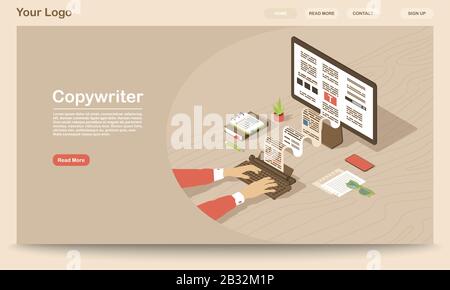 Modello vettore pagina di destinazione copywriter. L'interfaccia di Web site del produttore di contenuti con le illustrazioni piatte. Giornalista freelance, layout della home page editor Illustrazione Vettoriale