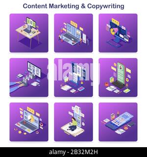 Content marketing & copywriting isometric concept Icons set. Marketing digitale in entrata. Campagna PR, promozione online. Scrittura di testi pubblicitari Illustrazione Vettoriale