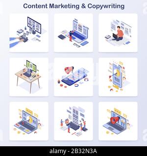 Content marketing & copywriting isometric concetto icone vettore set. Creazione di contenuti coinvolgenti, attrazione per il pubblico dei media. Promozione online, in entrata Illustrazione Vettoriale