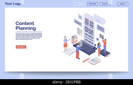 Modello di landing page per la pianificazione e la gestione dei contenuti. Copywriting, interfaccia di Web site blogging con le illustrazioni piatte. SMM, homepage di marketing digitale Illustrazione Vettoriale