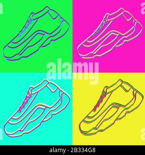Set Di sneakers icona vettoriale. Scarpe Neon Linear luminose su sfondo rosa verde blu e giallo.semplice illustrazione di fitness e sport, scarpe da ginnastica. Illustrazione Vettoriale