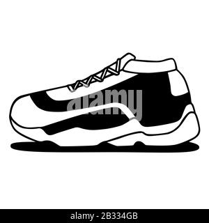 Icona vettore sneakers. Doodle bianco e nero su sfondo bianco.semplice illustrazione di fitness e sport, scarpa da palestra. Grafica del negozio di segni Illustrazione Vettoriale