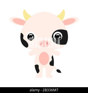 Cute mucca bambino. Personaggio cartoon per la decorazione e la progettazione dell'album, album, baby card e invito. Illustrazione della scorta vettoriale piatta. Illustrazione Vettoriale