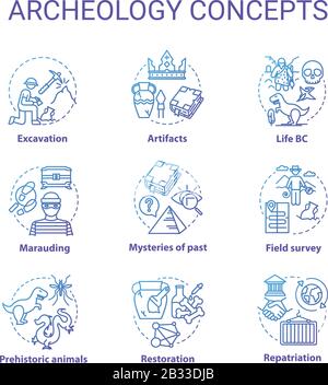 Set di icone di concetto Archelogy. Studiare la storia della civiltà. Tesoro caccia idea sottile linea RGB colori illustrazioni. Contorno isolato del vettore Illustrazione Vettoriale