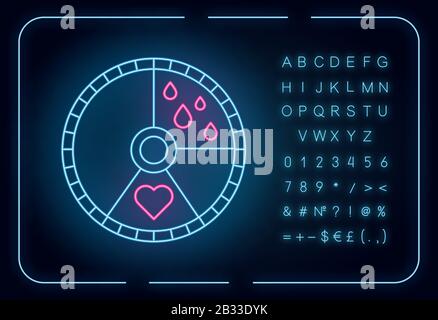 Icona della luce al neon del ciclo mestruale. Monitoraggio dei giorni mestruali. Calendario ginecologico. Pianificazione del sistema riproduttivo. Segno incandescente con alfabeto, numeri Illustrazione Vettoriale