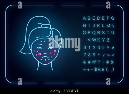 Icona della luce al neon dell'acne. Pimples sulla faccia femmina. Cura della pelle per infiammazione e irritazione. Trattamento viso. Cosmetologia. Segno incandescente con alfabeto Illustrazione Vettoriale