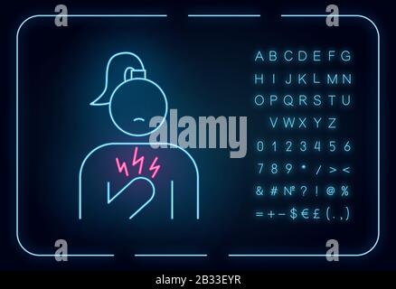 Icona della luce al neon sul dolore toracico. Ragazza stressata. Donna ansiosa. Attacco di cuore. Assistenza Sanitaria. Sintomo della sindrome di Predstrual. Segno incandescente con alfabeto Illustrazione Vettoriale