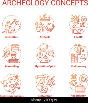 Set di icone di concetto Archelogy. Studiare la storia degli antichi manufatti. Scavi, conservazione dei valori idea sottile linea RGB illustrazioni a colori Illustrazione Vettoriale
