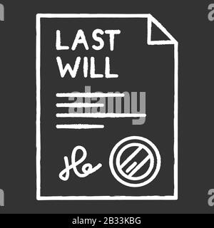 Firmato l'ultimo gesso bianco icona su sfondo nero. Documento con timbro. Testamento notarizzato. Apostille e legalizzazione. Documento legale. Notaio Illustrazione Vettoriale