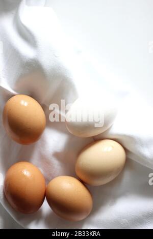 Uova Di Hen Di Pasqua Su Lino Bianco. Uova Di Portata Libera Disposte. Foto Stock