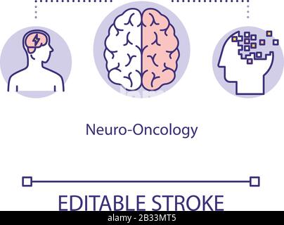 Icona concetto Neuro-oncologia. Illustrazione della linea sottile dell'idea di diagnosi del cancro. MRI e medicina radiologica. Riconoscimento della malattia. Trattamento di malattia. Vettore Illustrazione Vettoriale