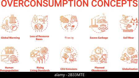 Icone di concetto di overconsumate impostate. Riscaldamento globale. Danni ecologici e ambientali. Consumismo idea sottile linea RGB illustrazioni a colori. Vettore Illustrazione Vettoriale