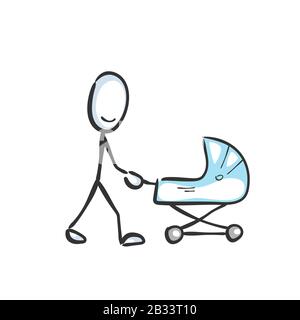 Passeggiate con passeggino per bambini. Bambino in passeggino. Disegnato a mano. Cartone animato Stickman. Schizzo barboncino, illustrazione grafica vettoriale Illustrazione Vettoriale