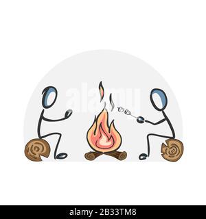 Luogo del fuoco. Campo forestale. Frittura marshmallow pic-nic su fiamma. Disegnato a mano. Cartone animato Stickman. Schizzo barboncino, illustrazione grafica vettoriale Illustrazione Vettoriale