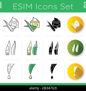 Set icone Aloe vera. Cosmetici Aloe vera. Lozione con erbe medicinali. Tubo a forma di foglia per crema naturale. Cura della pelle e di sé. Lineare, nero e. Illustrazione Vettoriale