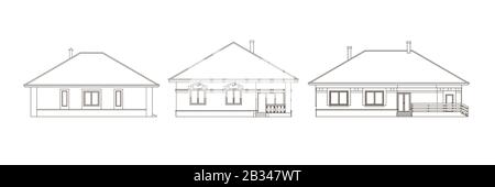 Serie di facciate architettoniche di case. Il disegno dei cottage. Isolato su sfondo bianco. Immagine vettoriale monocromatica EPS10 Illustrazione Vettoriale