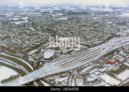 Centro di Hamm con stazione centrale e Kleist Forum, 26.01.2013, vista aerea, Germania, Renania Settentrionale-Vestfalia, Ruhr Area, Hamm Foto Stock