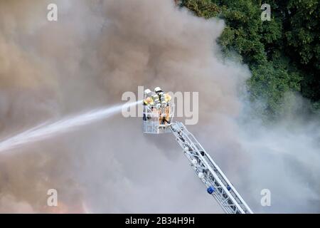 Due vigili del fuoco che cercano di fermare l'incendio nella foresta circondato da fumo Foto Stock