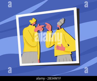 Conflitto. Coppia durante argomento. Concetto di litigio. Cattivo rapporto tra amici o familiari. Due accoppiamenti che puntano le dita l'uno verso l'altro. Vettore Illustrazione Vettoriale