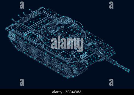 Wireframe di un serbatoio di combattimento poligonale di linee blu con luci luminose su sfondo scuro. Vista isometrica. 3D. Illustrazione del vettore. Illustrazione Vettoriale