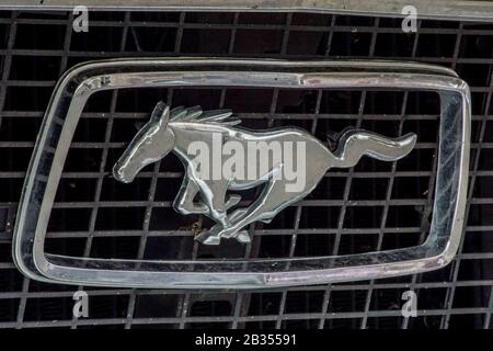 Welfenallee, Berlino, Germania - 16 giugno 2018: Logo cavallo selvatico su una vettura vintage Mustang oldtimer Foto Stock