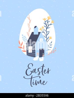 Felice pasqua biglietto di auguri di casa carina con decorazione natura e animali di coniglio in stile cartone animato bambini. Illustrazione festiva delle vacanze primaverili. Illustrazione Vettoriale