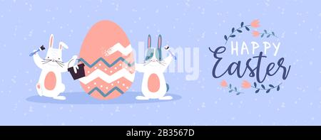 Banner web di Pasqua felice di cute coniglio animale pittura uovo e floreale calligraphy citazione. Bambini divertenti disegnato a mano illustrazione per la stagione primaverile holi Illustrazione Vettoriale