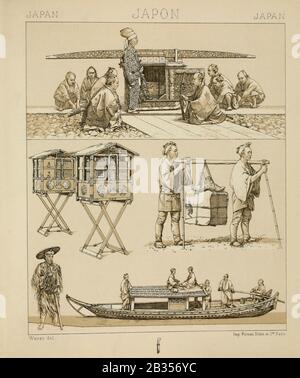 Moda tradizionale giapponese, accessori e lifestyle da Geschichte des kost?ms in cronologischer entwicklung (Storia del costume in sviluppo cronologico) di Racinet, A. (Auguste), 1825-1893. E Rosenberg, Adolf, 1850-1906, Volume 2 stampato a Berlino nel 1888 Foto Stock