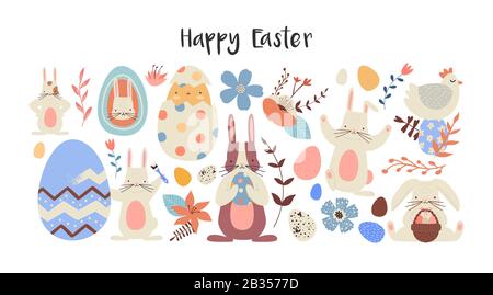 Set di elementi di Pasqua felice di animali di coniglio divertente, uova e decorazione floreale in cute bambini stile cartone animato. Illustrazione dell'icona disegnata a mano piatta Illustrazione Vettoriale