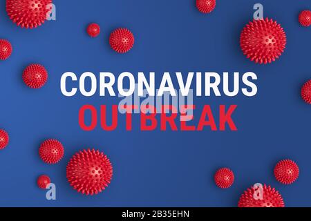 Banner con iscrizione Coronavirus focolaio su sfondo grigio con ceppi di virus astratti rossi. Nuova ondata di malattia di coronavirus Covid-19 a Wuhan, Cina Foto Stock