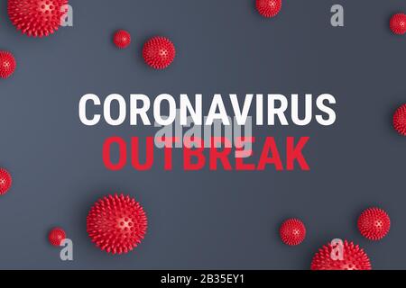 Banner con iscrizione Coronavirus focolaio su sfondo grigio con ceppi di virus astratti rossi. Nuova ondata di malattia di coronavirus Covid-19 a Wuhan, Cina Foto Stock