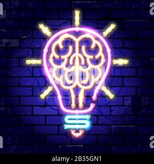 Neon Insegna Cervello Luce Lampadina Idea Illustrazione Vettoriale
