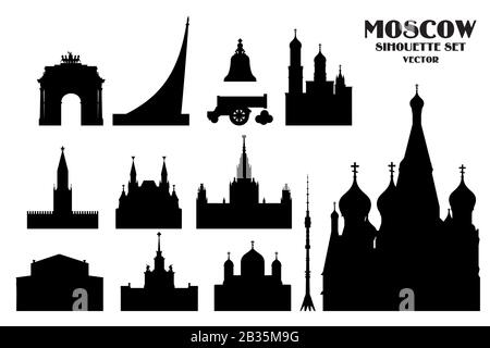Set di figure vettoriali che raffigurazione dei punti di riferimento di Mosca, Russia. Immagine vettoriale monocromatica della città di Mosca isolata su sfondo bianco. Mosca Illustrazione Vettoriale