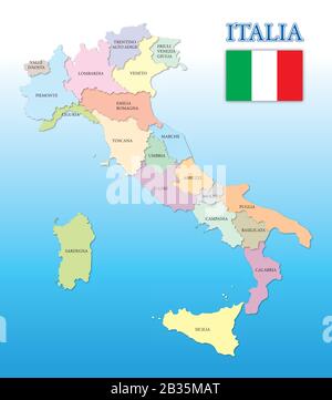 Mappa regionale Italia e bandiera italiana, suddivisione territoriale, illustrazione vettoriale Illustrazione Vettoriale