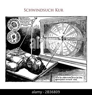 Trattamento elettrico del phthisis polmonare con l'uso di una bobina ad induzione ad alta tensione, tabella illustrata con descrizione tedesca, Foto Stock