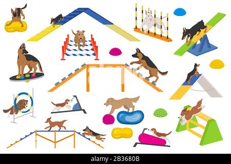 Set di attrezzature per il gioco dei cani. Colore piatto che gioca cani disegno. Illustrazione del vettore Illustrazione Vettoriale