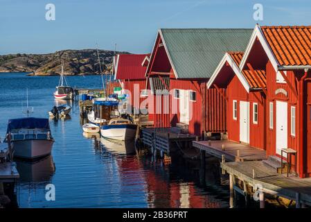 Svezia, Bohuslan, Kungshamn, baracche rosse di pesca nel Fisketangen, vecchio quartiere di pescatori Foto Stock