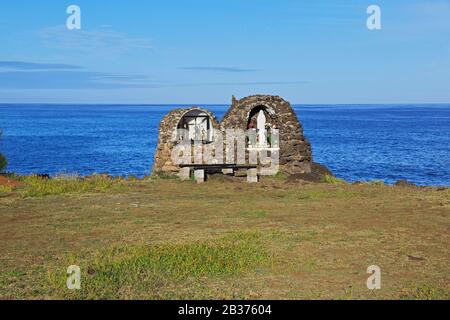 Rapa Nui. La piccola chiesa di Hanga Roa sull'isola di Pasqua, Cile Foto Stock