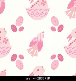 Cute coniglietto di Pasqua, uccello e uova senza cuciture vettore modello di fondo. Arte popolare scandinava baby animali primavera simboli rosa e bianco sfondo Illustrazione Vettoriale