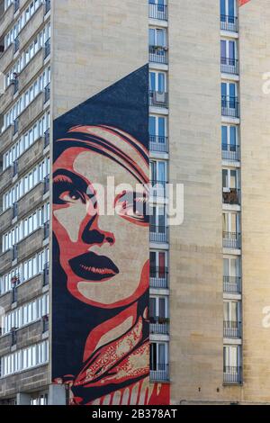 Francia, Parigi, murale in Boulevard Vincent Auriol chiamato Rise Above Rebel da artista Shepard Fairey (Aka Obbedire) Foto Stock